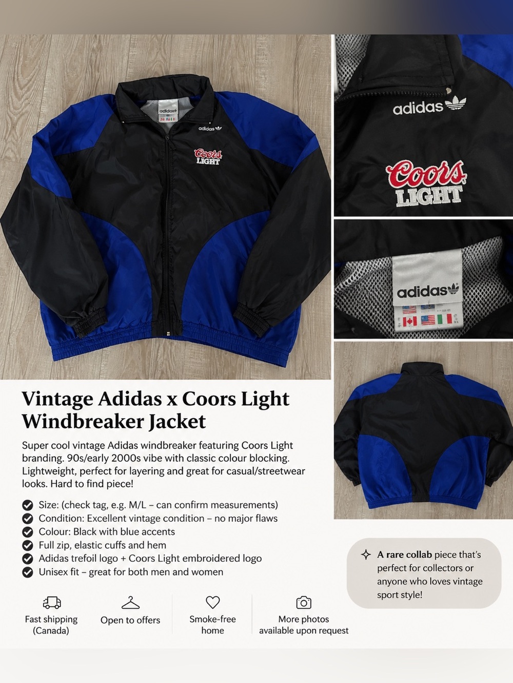 Adidas Coors Light Windbreaker Jacket in Black & Blue